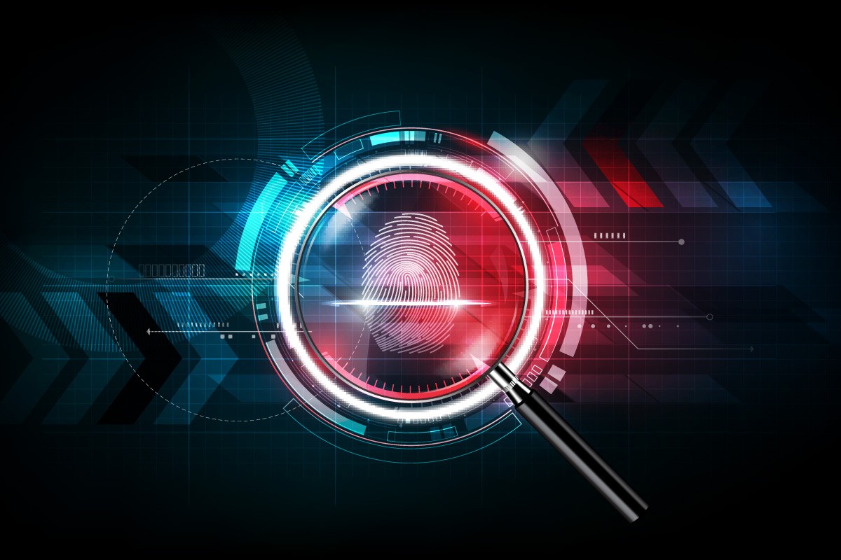 Futuristic digital illustration of a magnifying glass over a fingerprint.