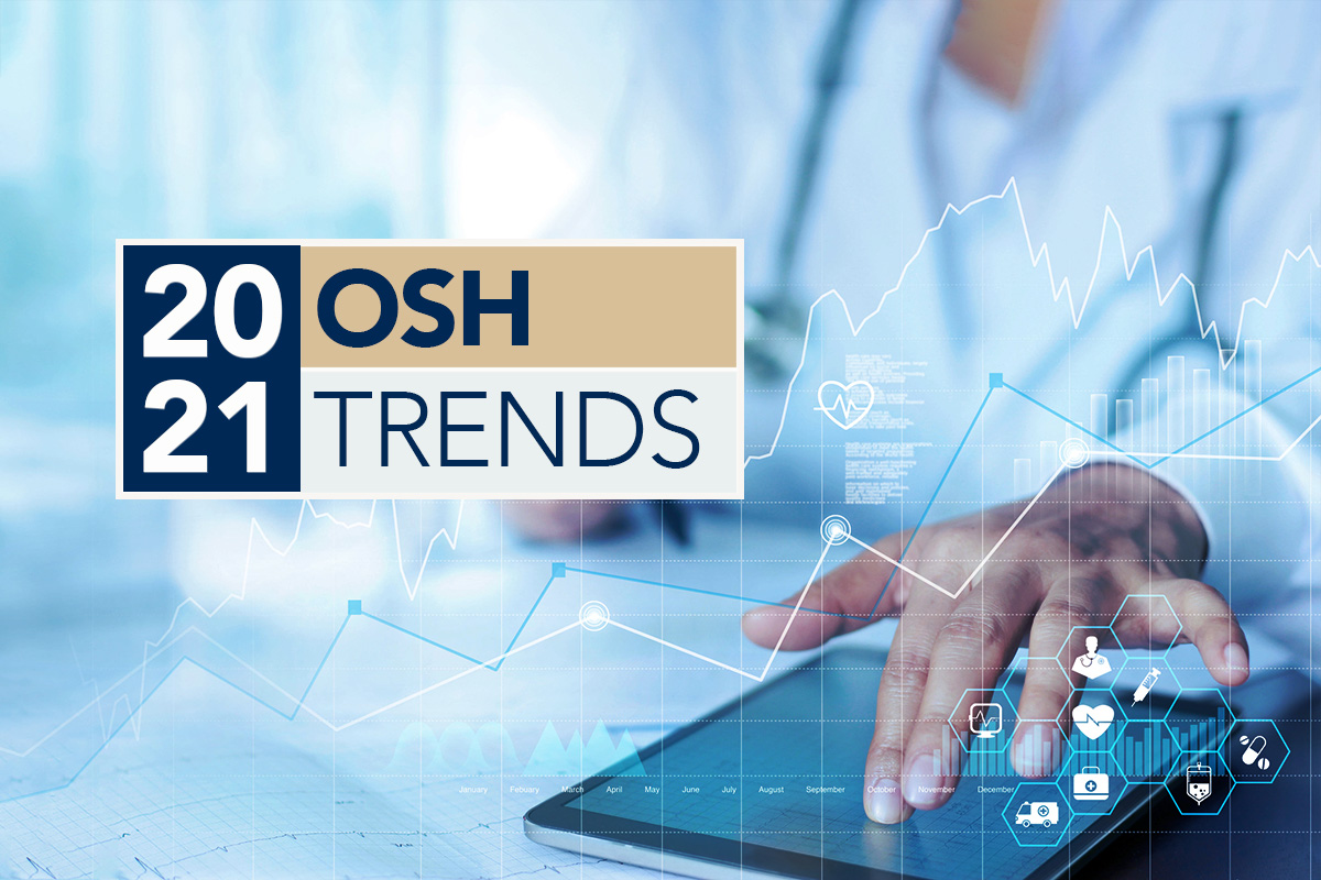 2021 osh trends graphic featuring a hand using a tablet and graphs and icons