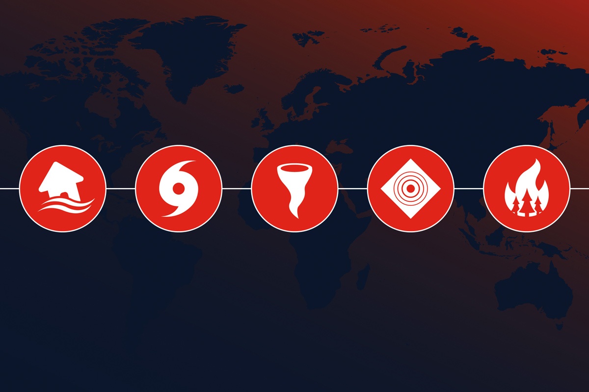 A series of natural disaster icons over a world map.