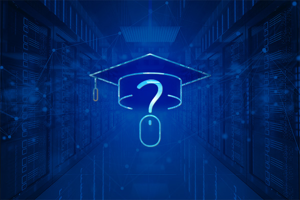 graphic of a graduation mortarboard cap with a computer mouse and cord in the shape of a question mark