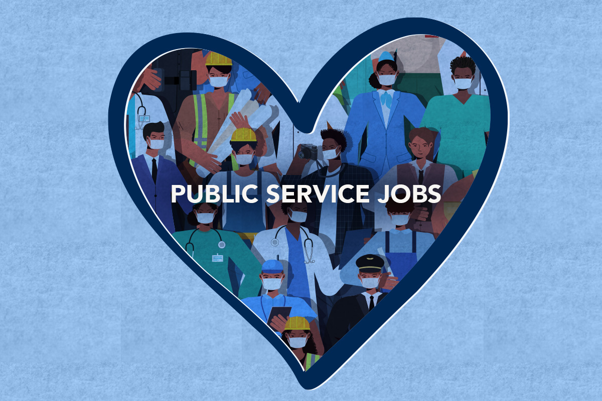 graphic in the shape of a heart, inside of the heart showing illustrations of various public service professionals