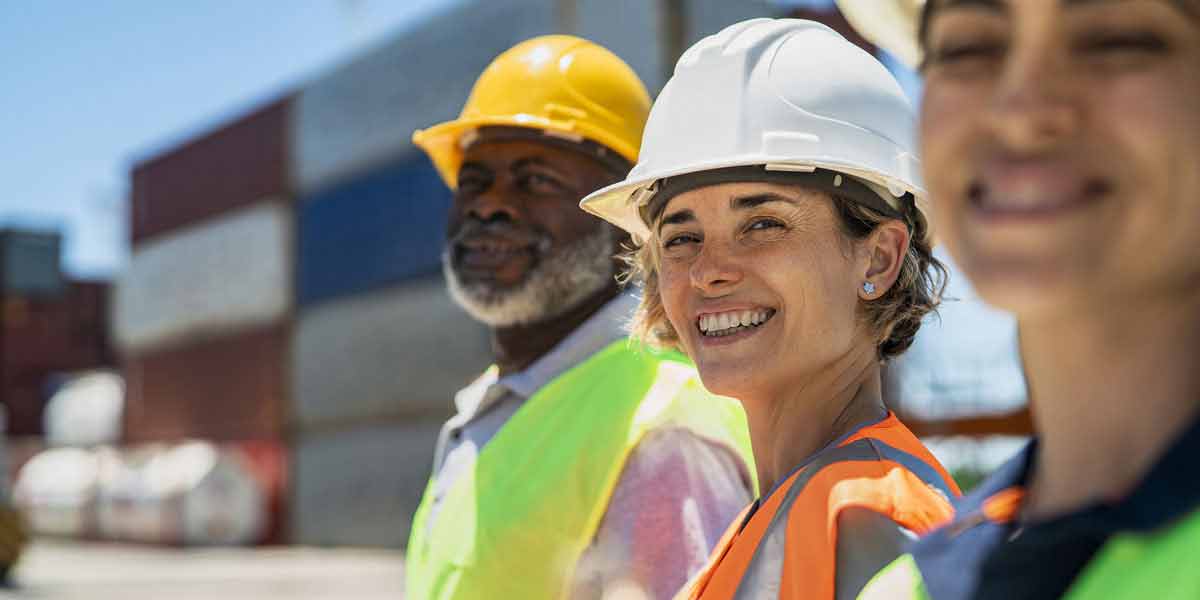 safety professionals wearing helmets and vests posing in front of shipping containers