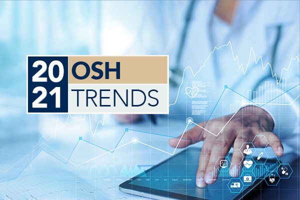 2021 osh trends graphic featuring a hand using a tablet and graphs and icons