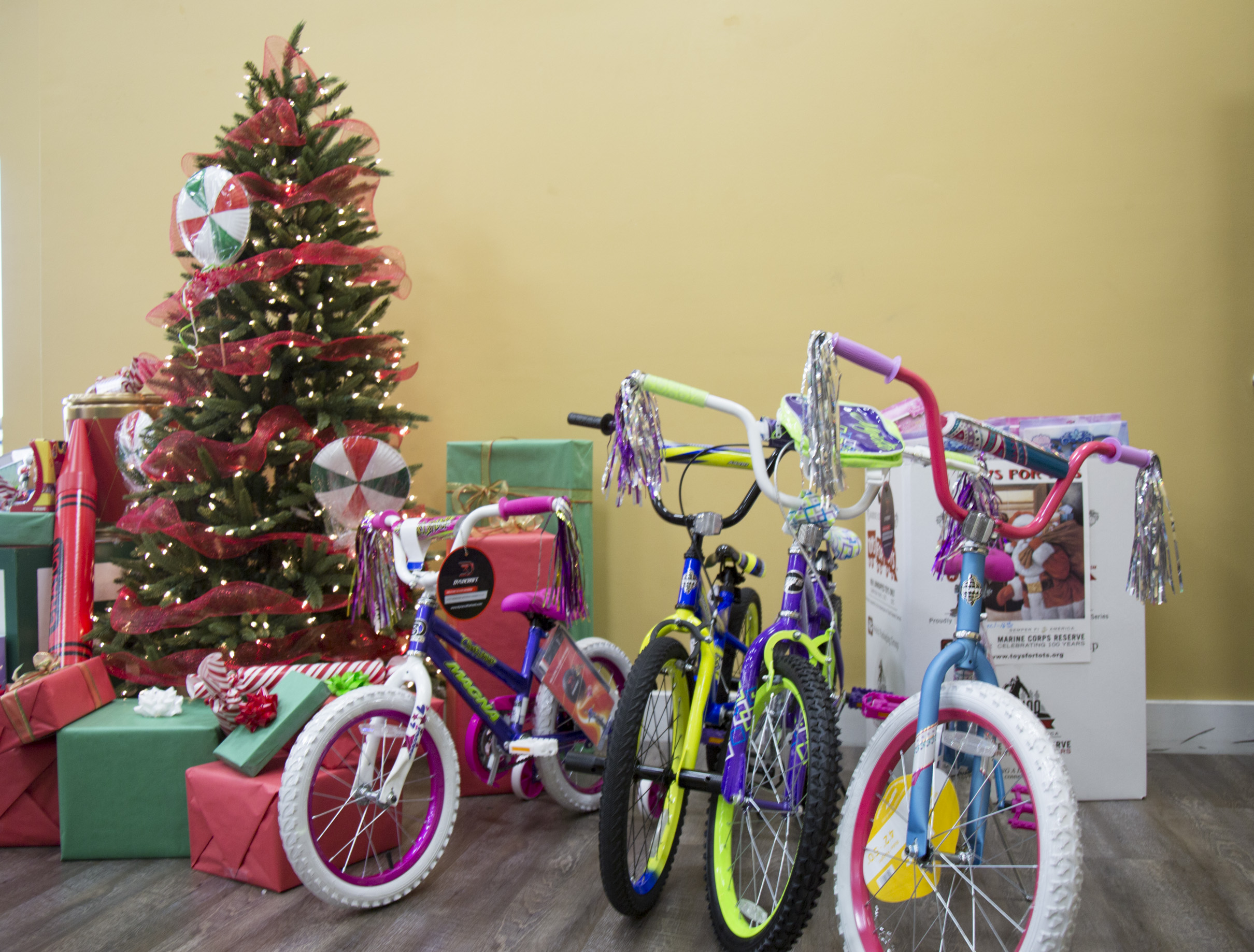 Presents and bicycles under a christmas tree