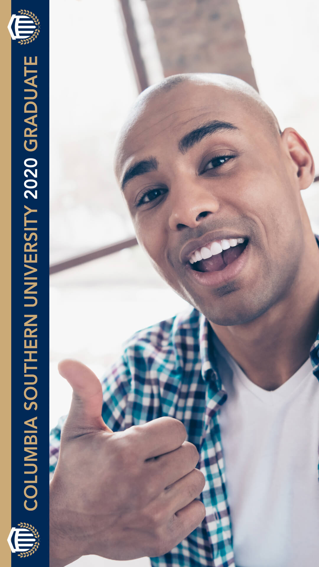 Download Snapchat filter with vertical bar reading "Columbia Southern University 2020 Graduate" with CSU shield logos