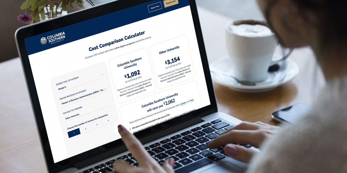 person using a laptop computer to compare online college tuition costs with the CSU Cost Comparison Calculator