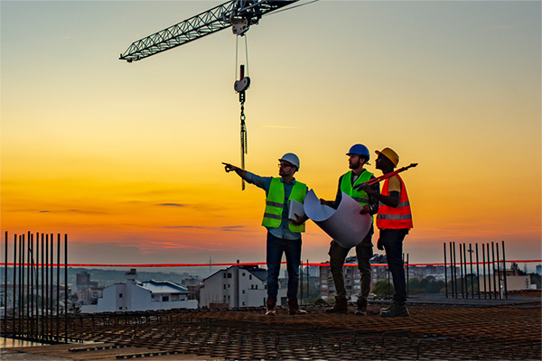 Construction workers standing on a roof with a safety professional and reviewing plans