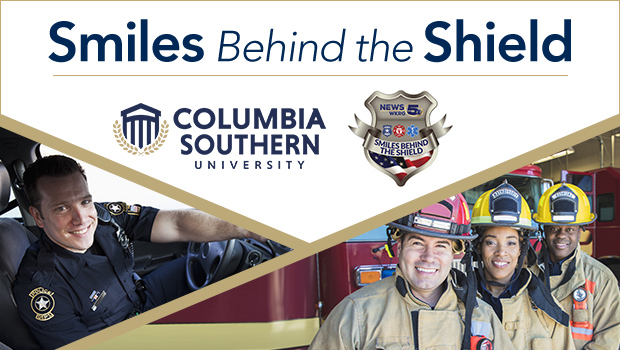 Smiles Behind the Shield: Columbia Southern University collage with fire fighters and police officer