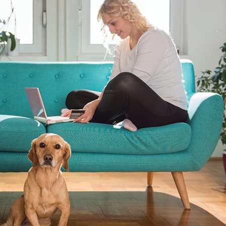 woman using a laptop near her dog