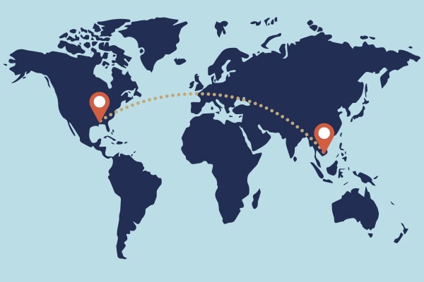 Illustrated world map with dotted line from Alabama to Vietnam