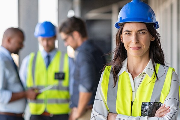 A woman in a safety vest and hard hat stands with arms crossed.