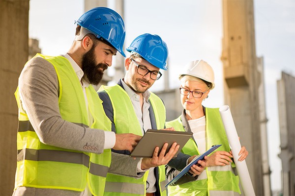 Three people in business suits, safety vests and hardhats look at a tablet together.